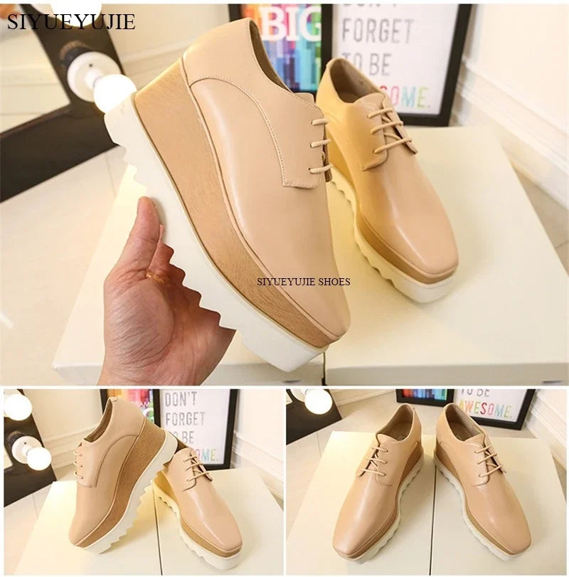 Lady platform shoes, genuine leather wedge square toe women shoes, woman Loafer Stars Women Lace-up shoes for spring autumn