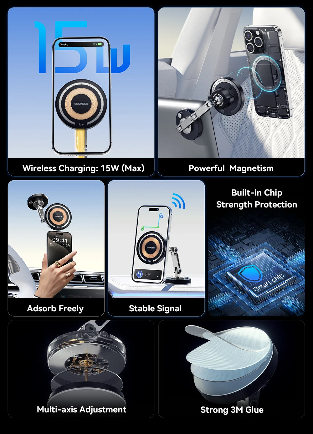 Essager Magnetic Wireless Charger Car Phone Holder 15W Fast Charging Easy Paste Mount Stand For Magsafe iPhone 15 14 13 Pro Max