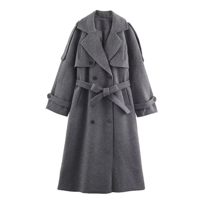 Women's clothing 2025 winter new casual loose long sleeved coat with waistband loop and double breasted coat