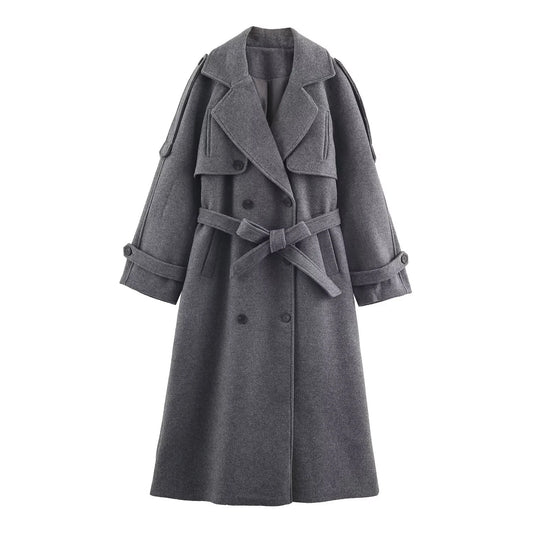 Women's clothing 2025 winter new casual loose long sleeved coat with waistband loop and double breasted coat