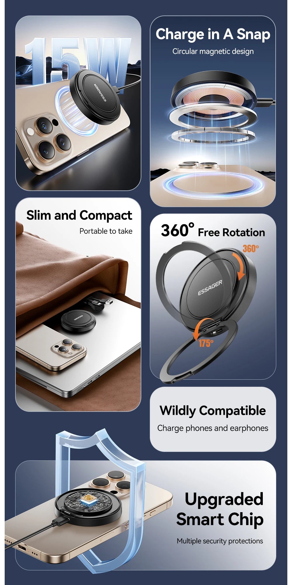 Essager Magnetic Wireless Charger With Holder 15W Fast Charging For iPhone17 16 15 14Pro Max Airpods Mini Wireless Phone Charger