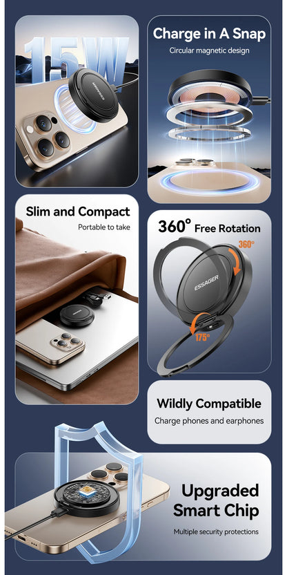 Essager Magnetic Wireless Charger With Holder 15W Fast Charging For iPhone17 16 15 14Pro Max Airpods Mini Wireless Phone Charger
